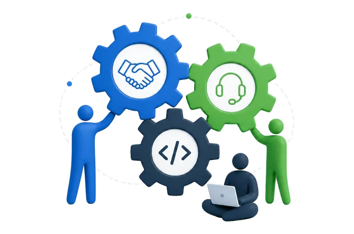 Sales, customer support and development working together around connected gears