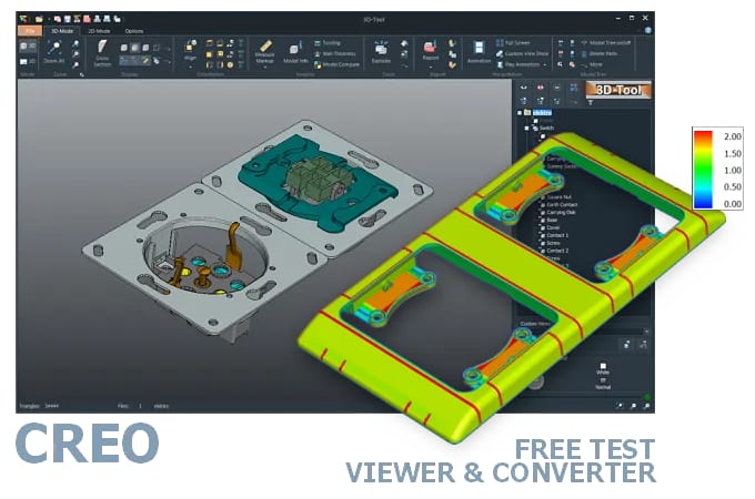 Screenshot of the 3D-Tool user interface with a 3D model of an electrical switch and socket combination loaded in the CAD viewer.
