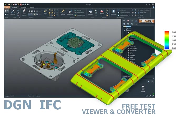 Screenshot of the 3D-Tool user interface with a 3D model of an electrical switch and socket combination loaded in the CAD viewer.