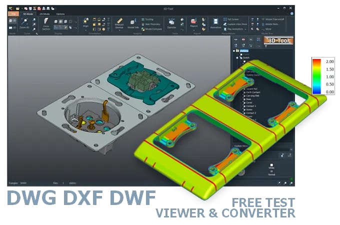 Screenshot of the 3D-Tool user interface with a 3D model of an electrical switch and socket combination loaded in the CAD viewer.