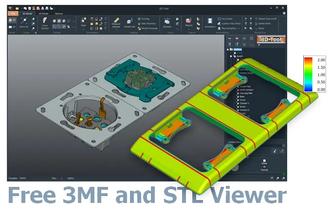 Screenshot of the 3D-Tool user interface with a 3D model of an electrical switch and socket combination loaded in the CAD viewer.