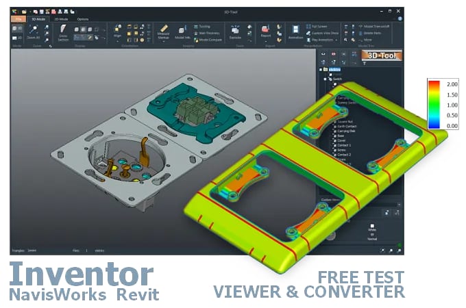 Screenshot of the 3D-Tool user interface with a 3D model of an electrical switch and socket combination loaded in the CAD viewer.