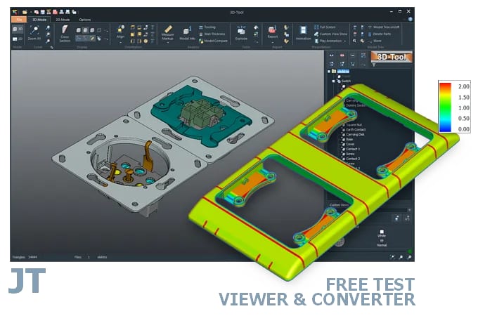 Screenshot of the 3D-Tool user interface with a 3D model of an electrical switch and socket combination loaded in the CAD viewer.