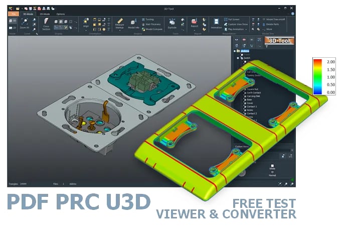 Screenshot of the 3D-Tool user interface with a 3D model of an electrical switch and socket combination loaded in the CAD viewer.