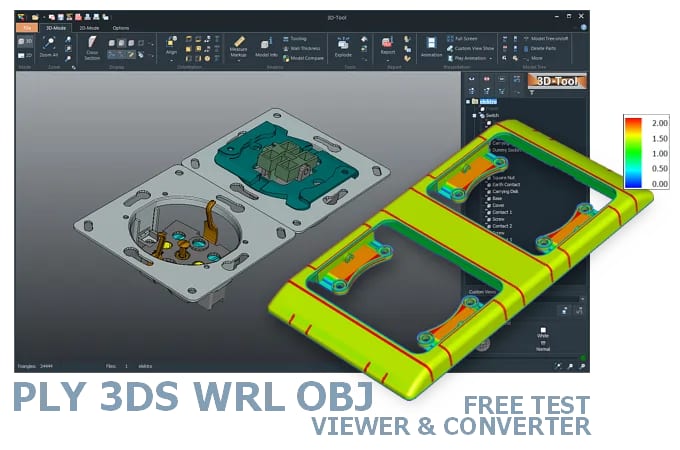 Screenshot of the 3D-Tool user interface with a 3D model of an electrical switch and socket combination loaded in the CAD viewer.