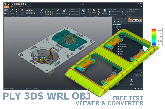 3D-Tool viewer for PLY, 3DS, VRML, and OBJ files displaying mechanical components with stress analysis