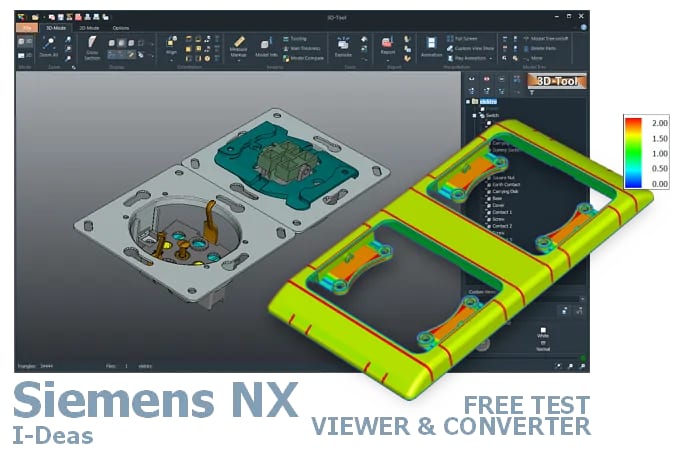 Screenshot of the 3D-Tool user interface with a 3D model of an electrical switch and socket combination loaded in the CAD viewer.