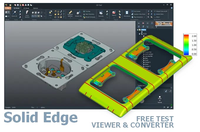 Screenshot of the 3D-Tool user interface with a 3D model of an electrical switch and socket combination loaded in the CAD viewer.
