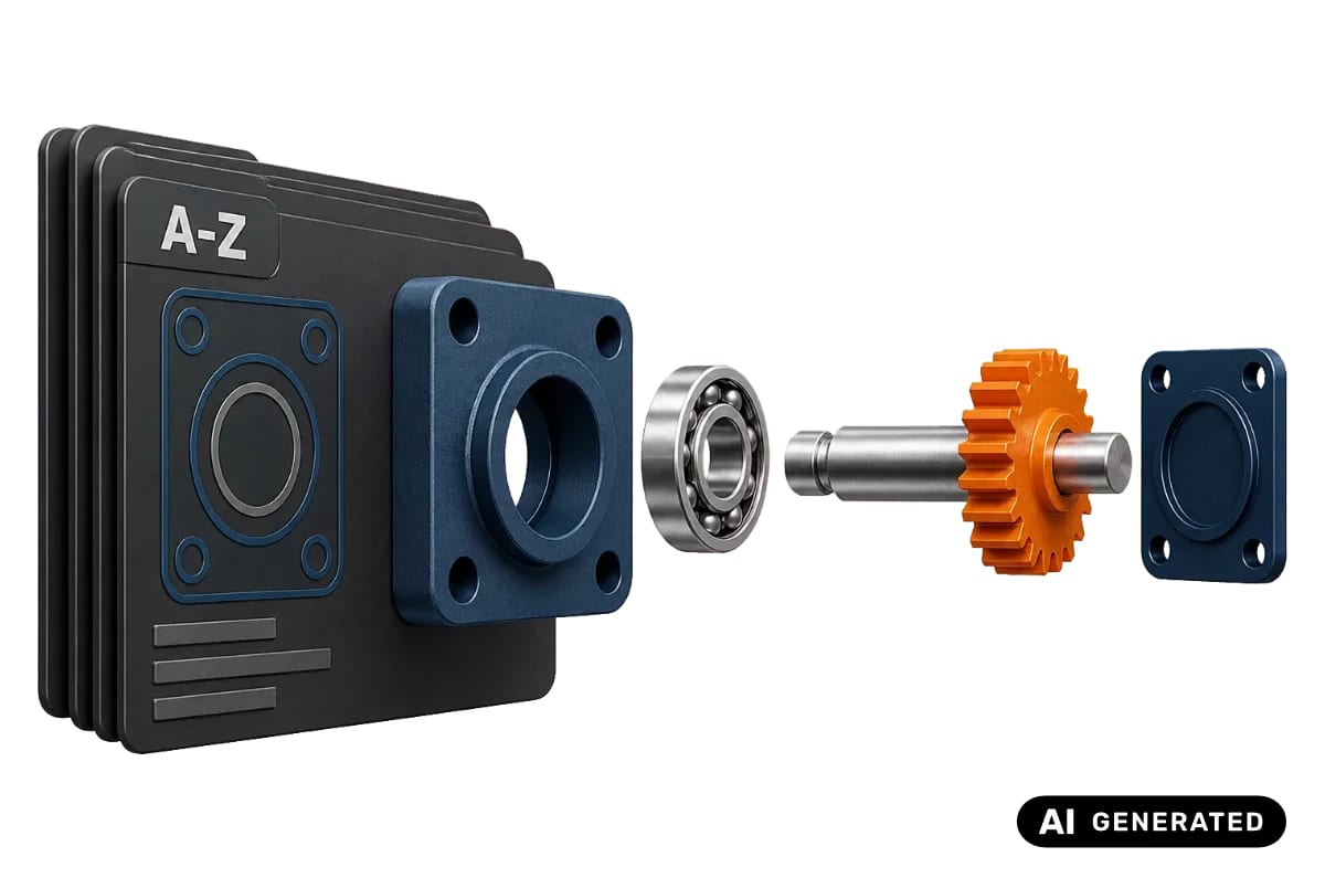 Technical A-Z index with an exploded bearing, shaft and gear assembly