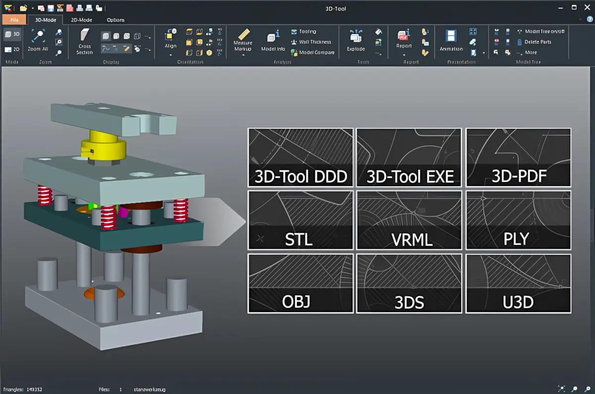 Screenshot of the 3D-Tool Viewer and schematic representation of the 3D formats that the Viewer can save