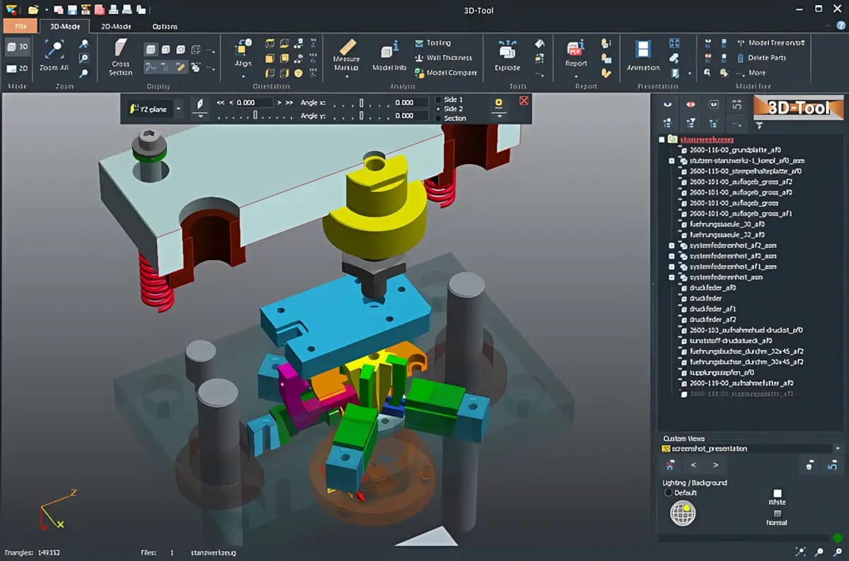 Screenshot of the user-friendly interface of the 3D-Tool CAD Viewer with an exploded assembly in cross-section