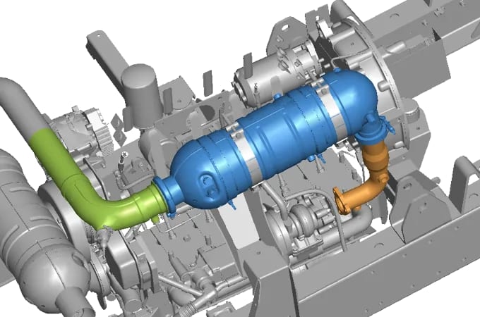 3D image of a particle filter and its position in the engine compartment of a vehicle