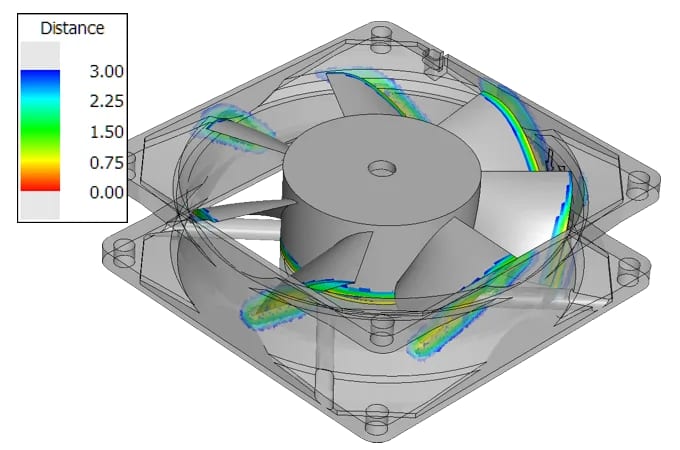 Transparent 3D view of a small fan in the 3D-Tool CAD viewer with graphically highlighted critical part distances.