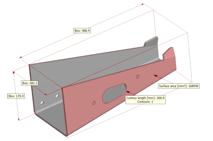 Visualization of a sheet metal part in the 3D-Tool CAD viewer with surface area, contour length and minimum bounding box