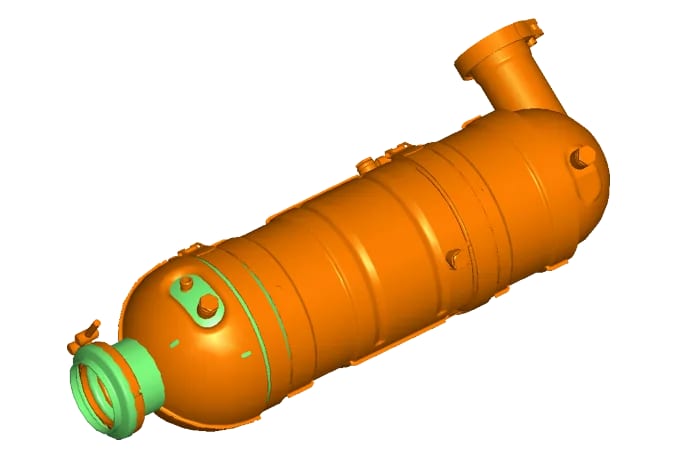 Image of two overlaid models in the 3D-Tool CAD viewer with differences between the models highlighted in color.