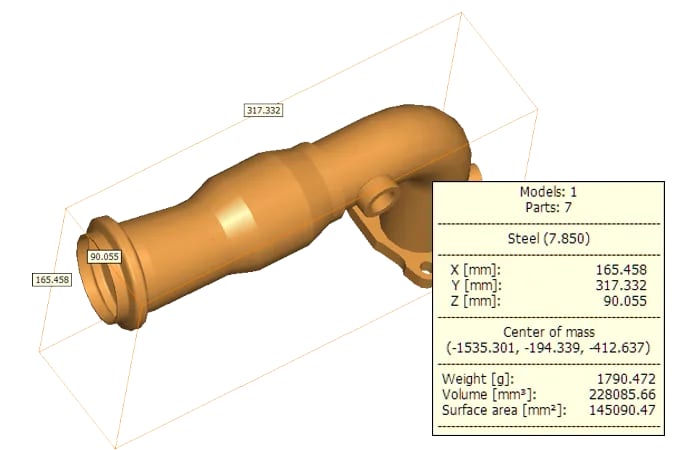 Display of the bounding box and further part information for a component in the 3D-Tool CAD viewer.