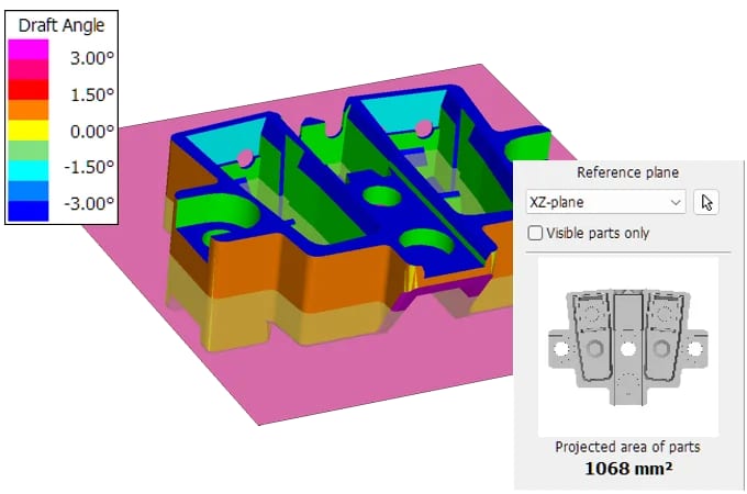 Image of a plastic part in the 3D-Tool CAD viewer on which a draft angle analysis has been performed.