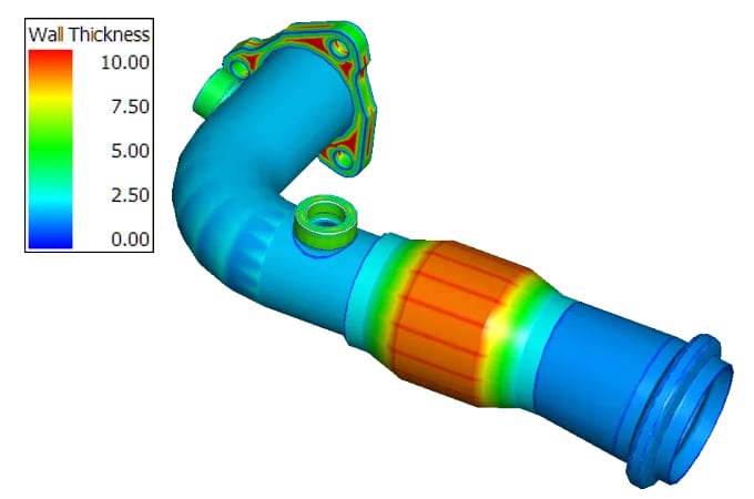 Image of a component in the 3D-Tool CAD viewer on which a wall thickness analysis has been performed.