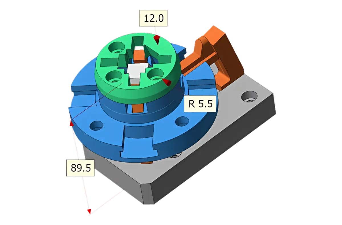 Small 3D CAD assembly with point, distance, and radius dimensions.