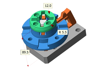 Small 3D CAD assembly with point, distance, and radius dimensions.