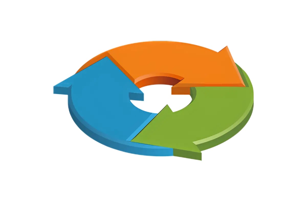 Three circularly arranged 3D arrows symbolize the conversion of 3D data into different file formats.