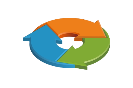 Three circularly arranged 3D arrows symbolize the conversion of 3D data into different file formats.