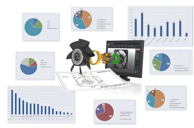 Symbolic image for the 3D-Tool user survey: An exploded 3D view of a model protrudes from a monitor, surrounded by charts and statistics.