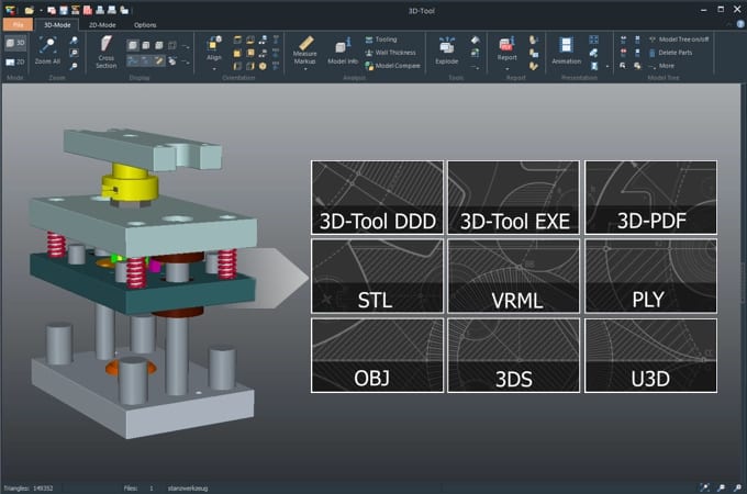 Screenshot of the 3D-Tool Viewer and schematic representation of the 3D formats that the Viewer can save