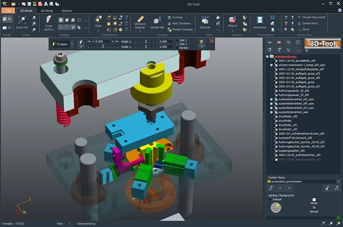 Screenshot of the user-friendly interface of the 3D-Tool CAD Viewer with an exploded assembly in cross-section