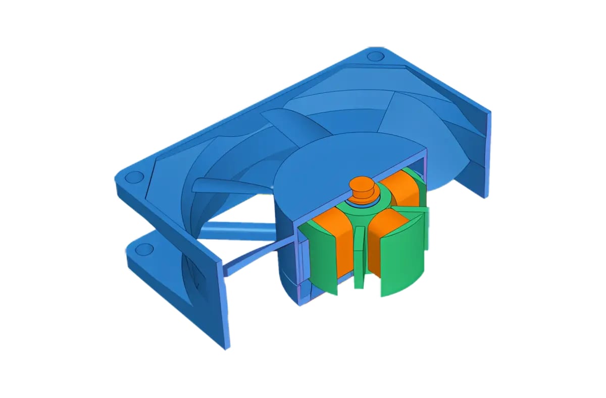 Selective 3D cross-section through the CAD model of a fan.