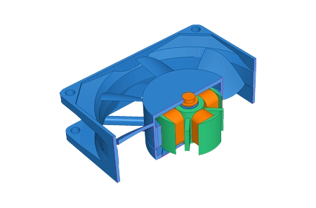 Selective 3D cross-section through the CAD model of a fan.