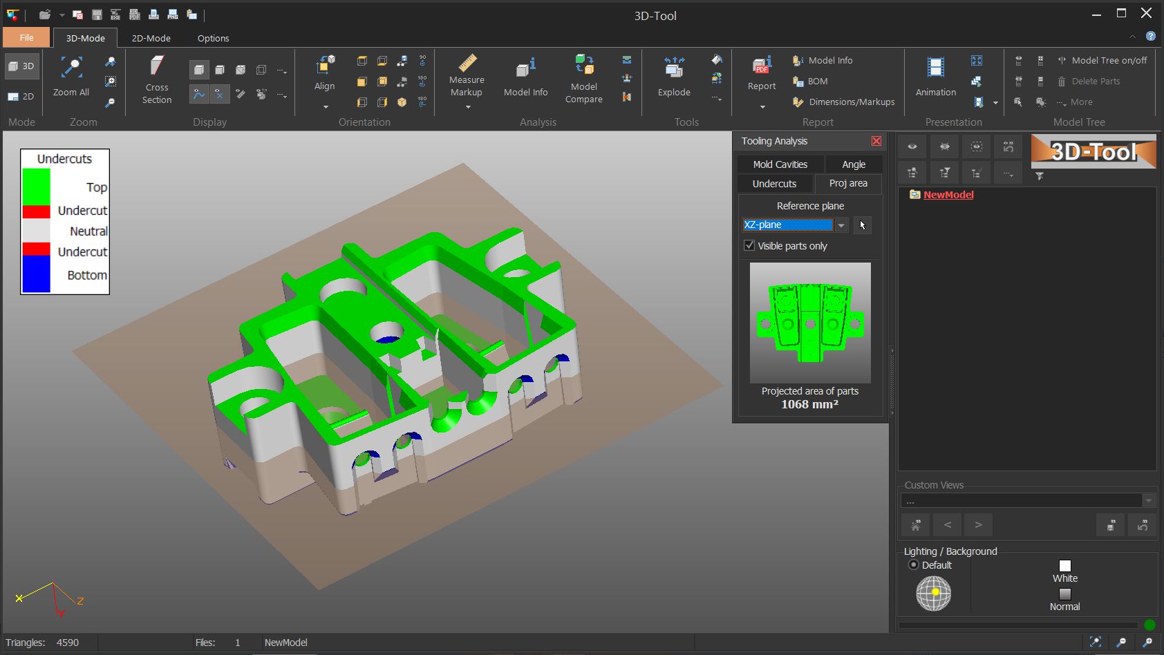 3D-Tool Tooling Analysis shows undercuts and projected area