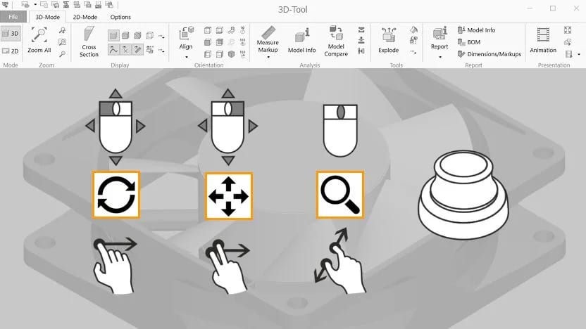 3D-Tool interface showing controls for rotating, zooming, panning, and inspecting 3D CAD models.