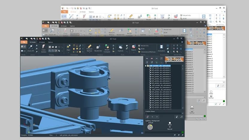 3D-Tool CAD interface with a 3D model, multiple toolbars, and a component list in the side panels.