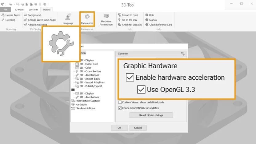3D-Tool preferences dialog with hardware acceleration and OpenGL settings.