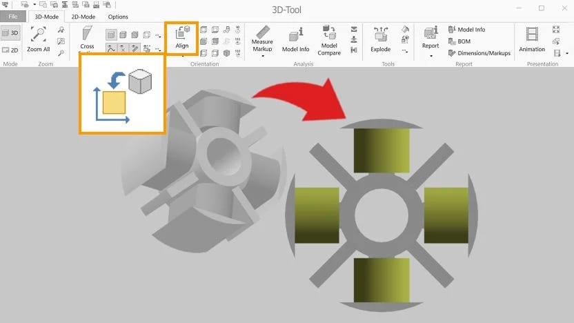 3D-Tool alignment view with a 3D block icon and preview of aligned fan components.