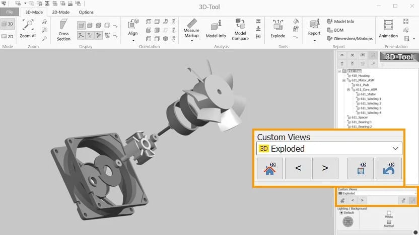 3D-Tool interface showing an exploded mechanical assembly with motor and fan components.