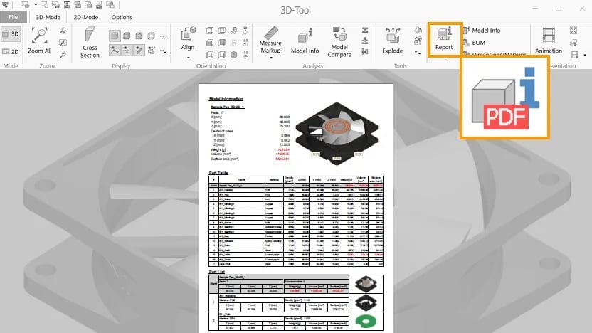 3D-Tool report view with part specifications, BOM table, and PDF export options.