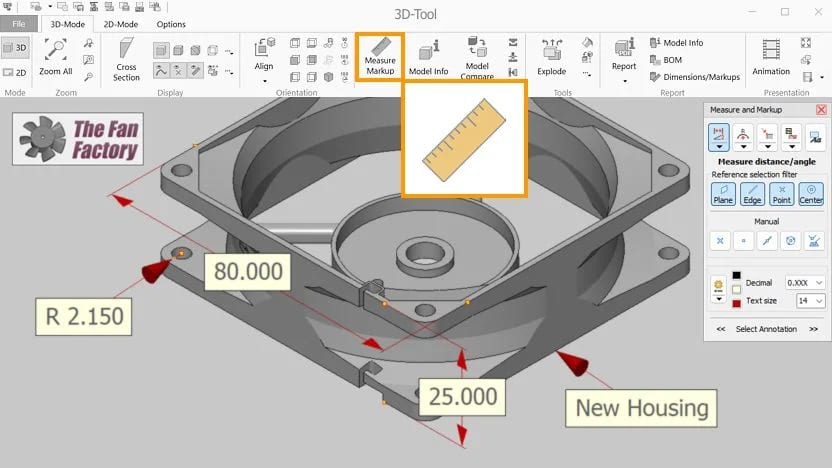 3D-Tool fan model with measurement annotations, dimensions, and radius markings.