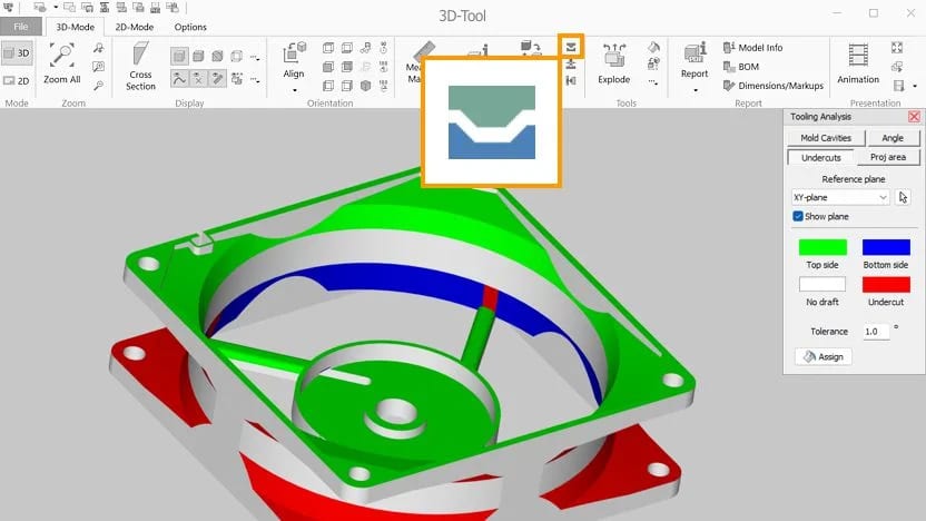 3D-Tool mold cavity analysis view with a cross-section and undercut options.
