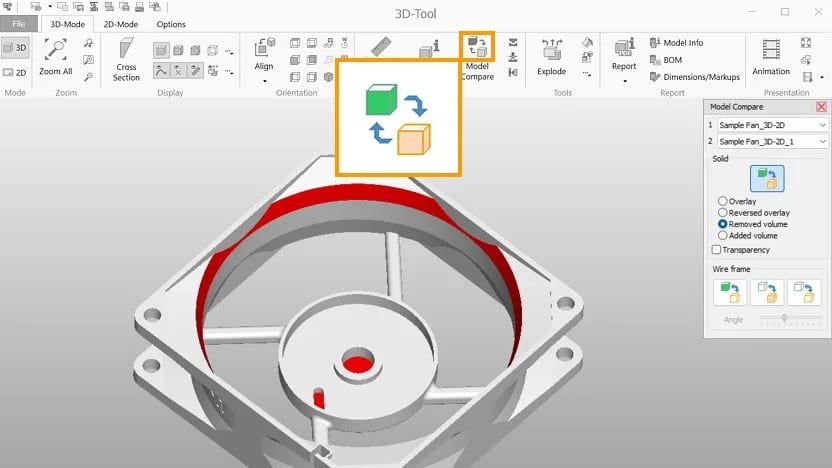 3D-Tool model compare view showing two fan versions with added and removed volumes.