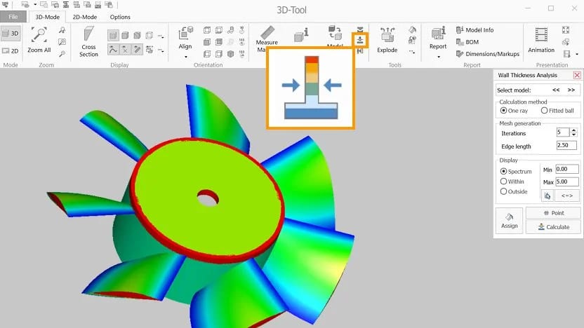 3D-Tool wall thickness analysis on a 3D CAD model with color-coded results.