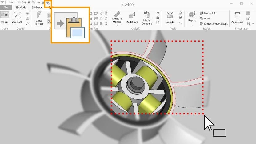 3D-Tool interface showing an internal engine component with a highlighted cross-section tool.