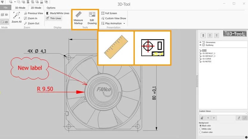 3D-Tool 2D drawing of a circular component with dimensions and annotation tools.