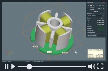 3D-Tool interface showing a complex mechanical component with circular and cylindrical elements.