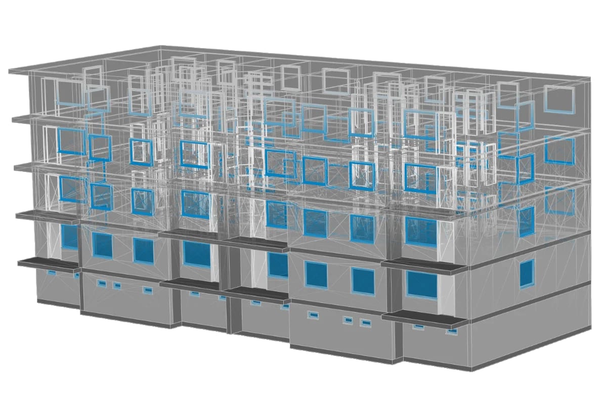 Building model with structural and technical components in a model mesh