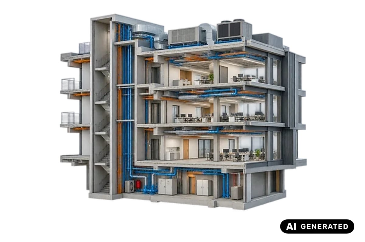 Cutaway building model with HVAC ducts, water pipes and electrical services