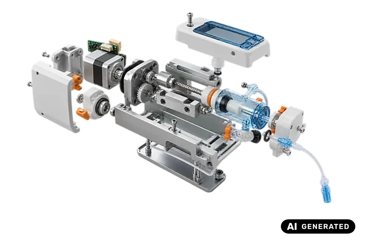 Exploded precision device with pump mechanism, lead screw and transparent fluid chamber