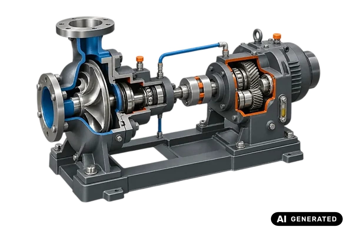 Cutaway industrial pump and gearbox assembly with bearings, impeller and drive shaft