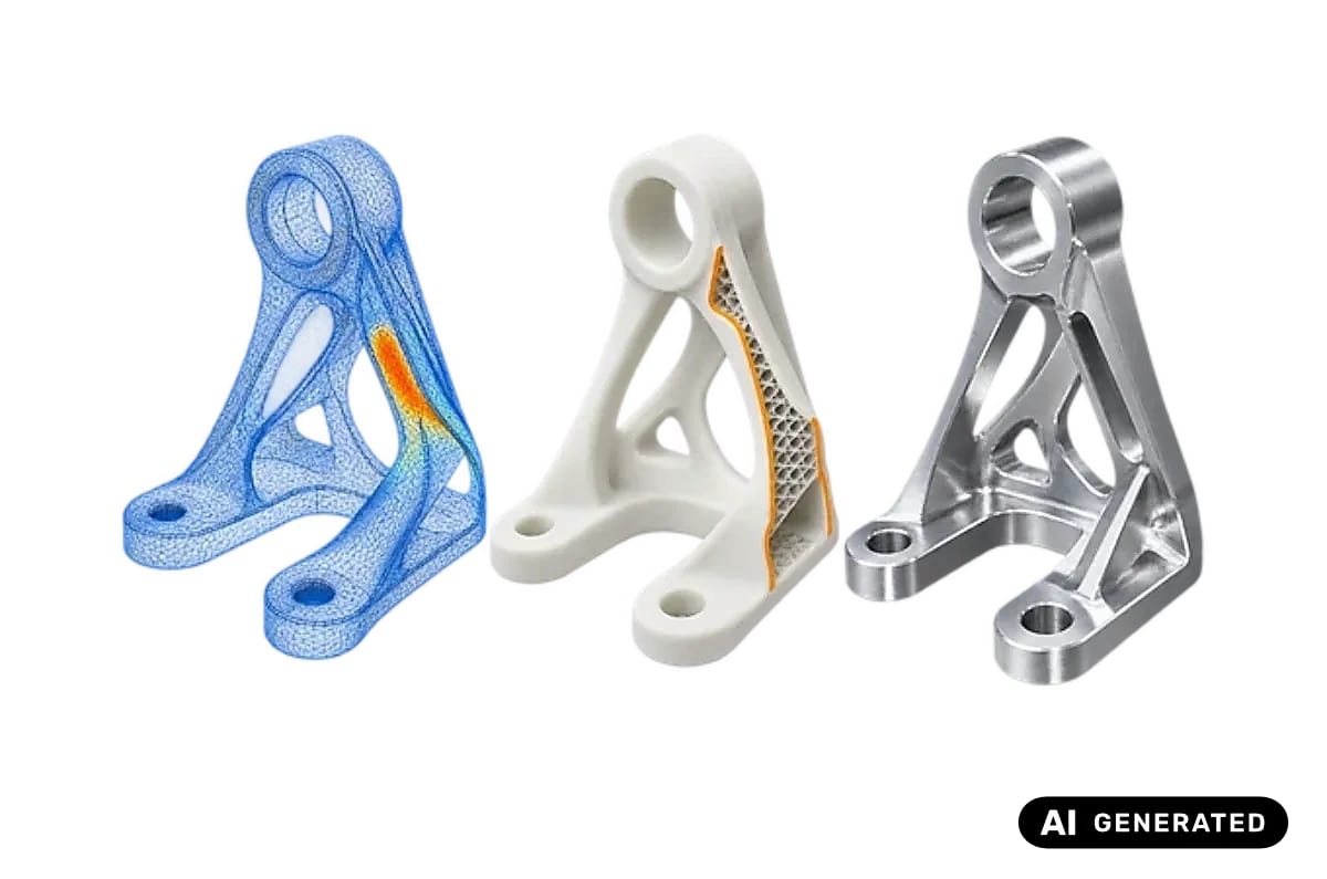Bracket shown as analysis mesh, 3D-printed prototype and machined validation part